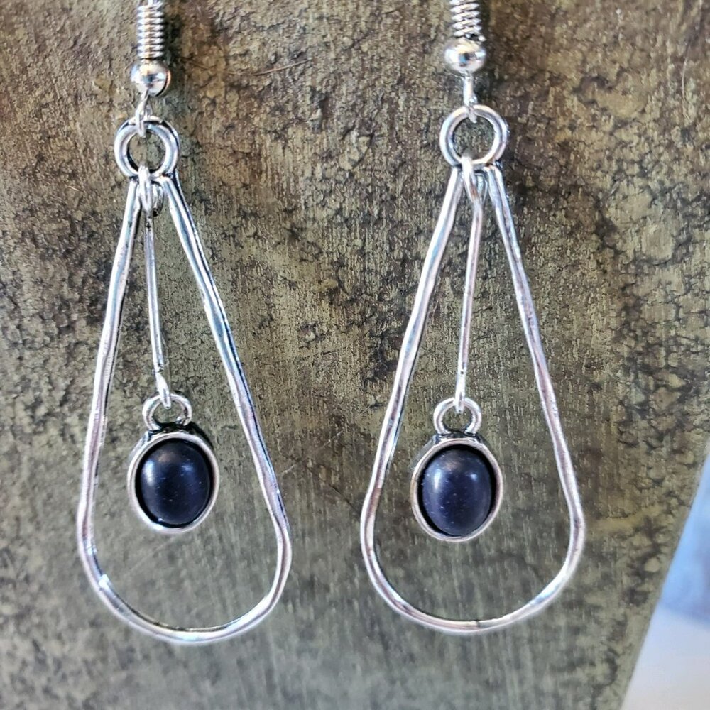 Long Silver Tone Loop Earrings Dark Blue Stone 💥3 for $12💥
